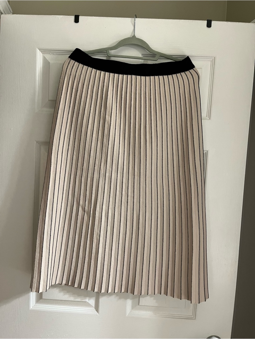 Milano Cream Midi Skirt with Black Waistband and cream and black Stripes.